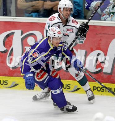 Eishockey. EC VSV gegen Starbulls Rosenheim. Daniel Nageler,  (VSV), Timothy Kunes (Starbulls Rosenheim). Villach, am 17.8.2014.
Foto: Kuess 


---
pressefotos, pressefotografie, kuess, qs, qspictures, sport, bild, bilder, bilddatenbank