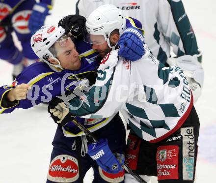 Eishockey. EC  VSV gegen Starbulls Rosenheim. Brock McBride, (VSV),  Josef Frank (Starbulls Rosenheim). Villach, am 17.8.2014.
Foto: Kuess 


---
pressefotos, pressefotografie, kuess, qs, qspictures, sport, bild, bilder, bilddatenbank