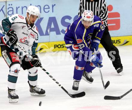 Eishockey. EC  VSV gegen Starbulls Rosenheim. Mark Santorelli, (VSV), Robin Hanselko (Starbulls Rosenheim). Villach, am 17.8.2014.
Foto: Kuess 


---
pressefotos, pressefotografie, kuess, qs, qspictures, sport, bild, bilder, bilddatenbank