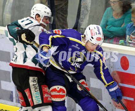 Eishockey. EC VSV gegen Starbulls Rosenheim. Brock McBride, (VSV), Andrej Strakhov  (Starbulls Rosenheim). Villach, am 17.8.2014.
Foto: Kuess 


---
pressefotos, pressefotografie, kuess, qs, qspictures, sport, bild, bilder, bilddatenbank