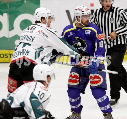 Eishockey. EC  VSV gegen Starbulls Rosenheim. Sean Ringrose,  (VSV), Andrej Strakhov (Starbulls Rosenheim). Villach, am 17.8.2014.
Foto: Kuess 


---
pressefotos, pressefotografie, kuess, qs, qspictures, sport, bild, bilder, bilddatenbank