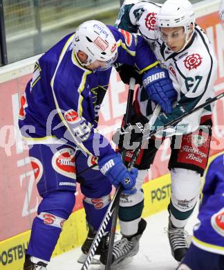 Eishockey. EC  VSV gegen Starbulls Rosenheim. Mark Santorelli, (VSV), Tobias Thalhammer  (Starbulls Rosenheim). Villach, am 17.8.2014.
Foto: Kuess 


---
pressefotos, pressefotografie, kuess, qs, qspictures, sport, bild, bilder, bilddatenbank