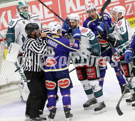 Eishockey. EC VSV gegen Starbulls Rosenheim. Brock McBride, (VSV), Josef Frank  (Starbulls Rosenheim). Villach, am 17.8.2014.
Foto: Kuess 


---
pressefotos, pressefotografie, kuess, qs, qspictures, sport, bild, bilder, bilddatenbank