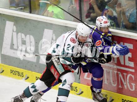 Eishockey. EC  VSV gegen Starbulls Rosenheim. Eric Hunter, (VSV), Max Renner (Starbulls Rosenheim). Villach, am 17.8.2014.
Foto: Kuess 


---
pressefotos, pressefotografie, kuess, qs, qspictures, sport, bild, bilder, bilddatenbank