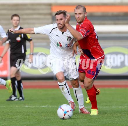 Fussball Regionalliga. RZ Pellets WAC Amateure gegen SAK. Christoph Cemernjak,  (WAC), Christian Dlopst (SAK). Wolfsberg, 17.8.2014.
Foto: Kuess
---
pressefotos, pressefotografie, kuess, qs, qspictures, sport, bild, bilder, bilddatenbank