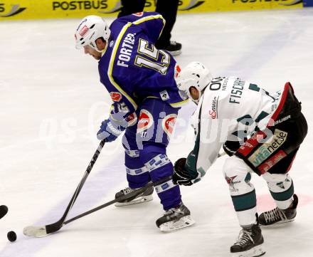 Eishockey. EC VSV gegen Starbulls Rosenheim. Francois Fortier,  (VSV), Simon Fischhaber (Starbulls Rosenheim). Villach, am 17.8.2014.
Foto: Kuess 


---
pressefotos, pressefotografie, kuess, qs, qspictures, sport, bild, bilder, bilddatenbank