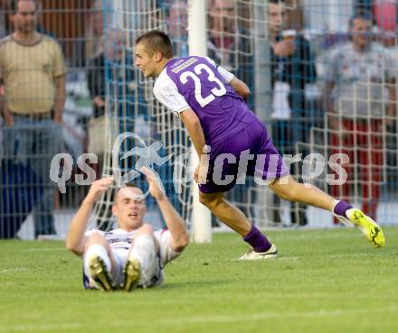 Fussball Regionalliga. SAK gegen SK Auustria Klagenfurt.  Torjubel Patrick Eler (Austria Klagenfurt). Welzenegg, am 22.8.2014.
Foto: Kuess
---
pressefotos, pressefotografie, kuess, qs, qspictures, sport, bild, bilder, bilddatenbank