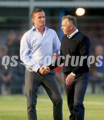 Fussball Regionalliga. SAK gegen SK Auustria Klagenfurt. Trainer  Manfred Bender, (Austria Klagenfurt), Trainer Joze Prelogar (SAK. Welzenegg, am 22.8.2014.
Foto: Kuess
---
pressefotos, pressefotografie, kuess, qs, qspictures, sport, bild, bilder, bilddatenbank