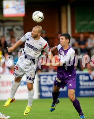 Fussball Regionalliga. SAK gegen SK Auustria Klagenfurt.  Christian Dlopst, (SAK), Bernd Kager  (Austria Klagenfurt). Welzenegg, am 22.8.2014.
Foto: Kuess
---
pressefotos, pressefotografie, kuess, qs, qspictures, sport, bild, bilder, bilddatenbank