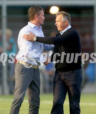 Fussball Regionalliga. SAK gegen SK Auustria Klagenfurt. Trainer  Manfred Bender, (Austria Klagenfurt), Trainer Joze Prelogar (SAK. Welzenegg, am 22.8.2014.
Foto: Kuess
---
pressefotos, pressefotografie, kuess, qs, qspictures, sport, bild, bilder, bilddatenbank