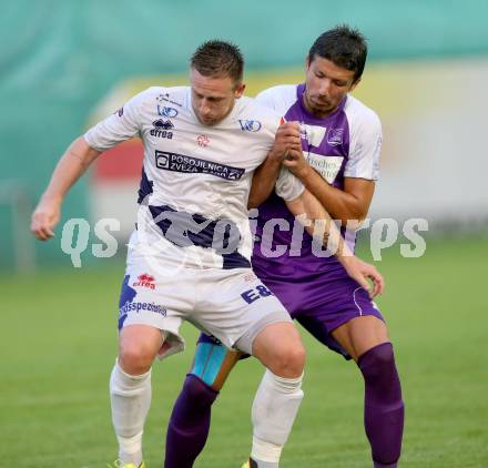 Fussball Regionalliga. SAK gegen SK Auustria Klagenfurt. Darijo Biscan, (SAK), Marko Dusak  (Austria Klagenfurt). Welzenegg, am 22.8.2014.
Foto: Kuess
---
pressefotos, pressefotografie, kuess, qs, qspictures, sport, bild, bilder, bilddatenbank