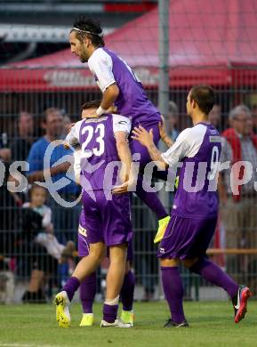 Fussball Regionalliga. SAK gegen SK Auustria Klagenfurt. Torjubel Patrik Eler, Vedran Vinko, Sandro Zakany, Rajko Rep (Austria Klagenfurt). Welzenegg, am 22.8.2014.
Foto: Kuess
---
pressefotos, pressefotografie, kuess, qs, qspictures, sport, bild, bilder, bilddatenbank