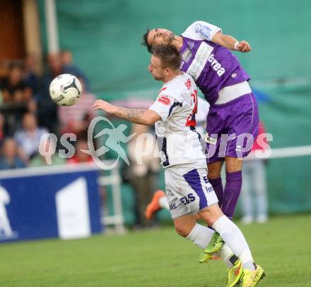 Fussball Regionalliga. SAK gegen SK Auustria Klagenfurt. Darijo Biscan,  (SAK), Manuel Wallner (Austria Klagenfurt). Welzenegg, am 22.8.2014.
Foto: Kuess
---
pressefotos, pressefotografie, kuess, qs, qspictures, sport, bild, bilder, bilddatenbank