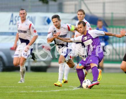 Fussball Regionalliga. SAK gegen SK Auustria Klagenfurt. Thomas Riedl, (SAK), Rajko Rep  (Austria Klagenfurt). Welzenegg, am 22.8.2014.
Foto: Kuess
---
pressefotos, pressefotografie, kuess, qs, qspictures, sport, bild, bilder, bilddatenbank