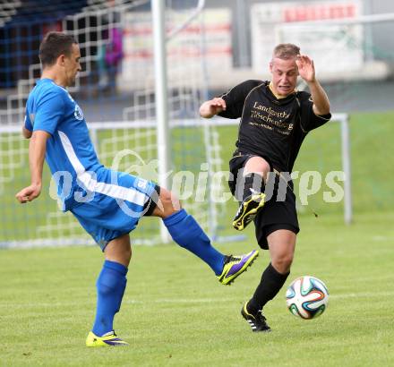 Fussball. Kaerntner Liga. Koettmannsdorf gegen ASV. Mathias Tschofen (Koettmannsdorf), Vahid Muharemovic (ASV). Koettmannsdorf, 24.8.2014.
Foto: Kuess
---
pressefotos, pressefotografie, kuess, qs, qspictures, sport, bild, bilder, bilddatenbank