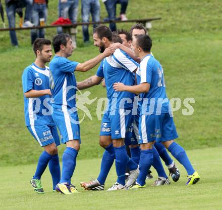 Fussball. Kaerntner Liga. Koettmannsdorf gegen ASV. Torjubel Oliver Pusztai  (ASV). Koettmannsdorf, 24.8.2014.
Foto: Kuess
---
pressefotos, pressefotografie, kuess, qs, qspictures, sport, bild, bilder, bilddatenbank