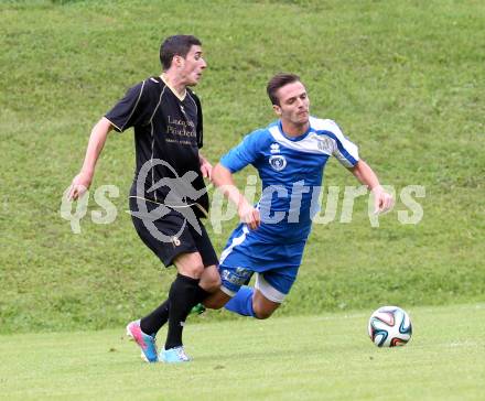 Fussball. Kaerntner Liga. Koettmannsdorf gegen ASV. Manuel Alexander Schuettelkopf (Koettmannsdorf), Martin Salentinig (ASV). Koettmannsdorf, 24.8.2014.
Foto: Kuess
---
pressefotos, pressefotografie, kuess, qs, qspictures, sport, bild, bilder, bilddatenbank