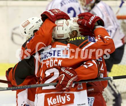 EBEL. Eishockey Bundesliga. KAC gegen KHL Medvescak Zagreb. Torjubel Manuel Geier, Pither Luke, Thomas Poeck (KAC). Klagenfurt, am 27.8.2014.
Foto: Kuess 

---
pressefotos, pressefotografie, kuess, qs, qspictures, sport, bild, bilder, bilddatenbank