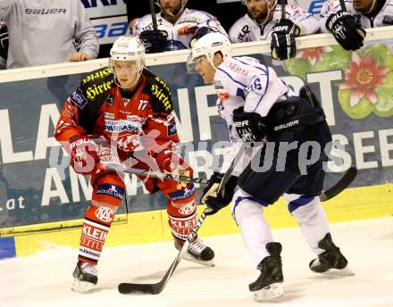 EBEL. Eishockey Bundesliga. KAC gegen KHL Medvescak Zagreb. Kim Stroemberg, (KAC), Flood Mark  (Zagreb). Klagenfurt, am 27.8.2014.
Foto: Kuess 

---
pressefotos, pressefotografie, kuess, qs, qspictures, sport, bild, bilder, bilddatenbank