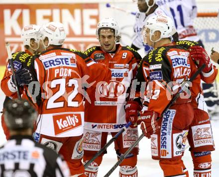 EBEL. Eishockey Bundesliga. KAC gegen KHL Medvescak Zagreb. Torjubel Manuel Geier, Petr Stloukal, Pither Luke, Thomas Poeck, Thomas Vallant (KAC). Klagenfurt, am 27.8.2014.
Foto: Kuess 

---
pressefotos, pressefotografie, kuess, qs, qspictures, sport, bild, bilder, bilddatenbank