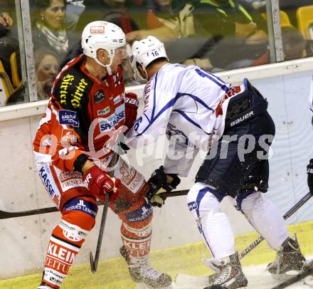 EBEL. Eishockey Bundesliga. KAC gegen KHL Medvescak Zagreb. Mike Siklenka, (KAC),  Mike Glumac  (Zagreb). Klagenfurt, am 27.8.2014.
Foto: Kuess 

---
pressefotos, pressefotografie, kuess, qs, qspictures, sport, bild, bilder, bilddatenbank