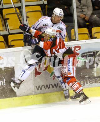 EBEL. Eishockey Bundesliga. KAC gegen KHL Medvescak Zagreb. Petr Stloukal,  (KAC), Nathan Perkovich (Zagreb). Klagenfurt, am 27.8.2014.
Foto: Kuess 

---
pressefotos, pressefotografie, kuess, qs, qspictures, sport, bild, bilder, bilddatenbank