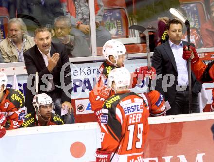 EBEL. Eishockey Bundesliga. KAC gegen KHL Medvescak Zagreb. Trainer Martin Stloukal , Gerald Ressmann (KAC). Klagenfurt, am 27.8.2014.
Foto: Kuess 

---
pressefotos, pressefotografie, kuess, qs, qspictures, sport, bild, bilder, bilddatenbank