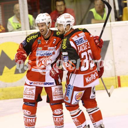 EBEL. Eishockey Bundesliga. KAC gegen KHL Medvescak Zagreb. Torjubel   Kyle Wharton, Jacques Jean-Francois (KAC). Klagenfurt, am 27.8.2014.
Foto: Kuess 

---
pressefotos, pressefotografie, kuess, qs, qspictures, sport, bild, bilder, bilddatenbank