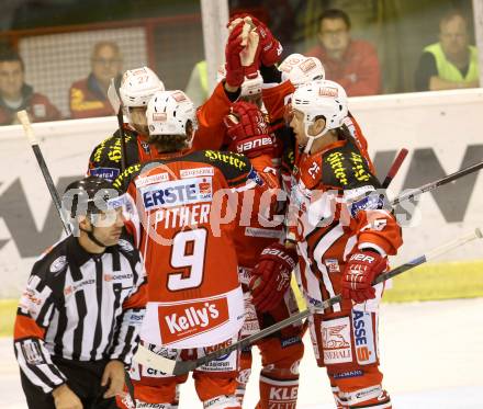 EBEL. Eishockey Bundesliga. KAC gegen KHL Medvescak Zagreb. Torjubel  (KAC). Klagenfurt, am 27.8.2014.
Foto: Kuess 

---
pressefotos, pressefotografie, kuess, qs, qspictures, sport, bild, bilder, bilddatenbank