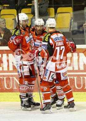 EBEL. Eishockey Bundesliga. KAC gegen KHL Medvescak Zagreb. Torjubel Kyle Wharton, Kim Stroemberg, Jamie Lundmark (KAC). Klagenfurt, am 27.8.2014.
Foto: Kuess 

---
pressefotos, pressefotografie, kuess, qs, qspictures, sport, bild, bilder, bilddatenbank