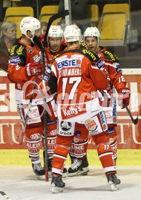 EBEL. Eishockey Bundesliga. KAC gegen KHL Medvescak Zagreb. Torjubel Kyle Wharton, Kim Stroemberg, Jamie Lundmark, Thomas Koch (KAC). Klagenfurt, am 27.8.2014.
Foto: Kuess 

---
pressefotos, pressefotografie, kuess, qs, qspictures, sport, bild, bilder, bilddatenbank