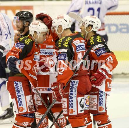 EBEL. Eishockey Bundesliga. KAC gegen KHL Medvescak Zagreb. Torjubel Manuel Geier, Petr Stloukal, Pither Luke, Thomas Poeck (KAC). Klagenfurt, am 27.8.2014.
Foto: Kuess 

---
pressefotos, pressefotografie, kuess, qs, qspictures, sport, bild, bilder, bilddatenbank