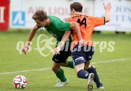 Fussball 2. KLasse C. Oberglan gegen St. Urban. Kevin Wuggenig,  (Oberglan),  Stefan Johann Kraschl (St. Urban). Oberglan, am 16.8.2014.
Foto: Kuess
---
pressefotos, pressefotografie, kuess, qs, qspictures, sport, bild, bilder, bilddatenbank