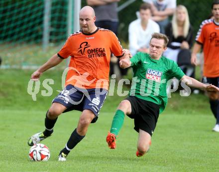 Fussball 2. KLasse C. Oberglan gegen St. Urban.  Philip Gastinger, (Oberglan), Thomas Scheiber  (St. Urban). Oberglan, am 16.8.2014.
Foto: Kuess
---
pressefotos, pressefotografie, kuess, qs, qspictures, sport, bild, bilder, bilddatenbank