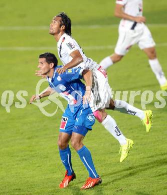 Fussball Bundesliga. RZ Pellets WAC gegen SC Wiener Neustadt. Stephan Palla,  (WAC), Osman Ali Abd Al Rahman (SC Wiener Neustadt). Wolfsberg, am 30.8.2014.
Foto: Kuess

---
pressefotos, pressefotografie, kuess, qs, qspictures, sport, bild, bilder, bilddatenbank