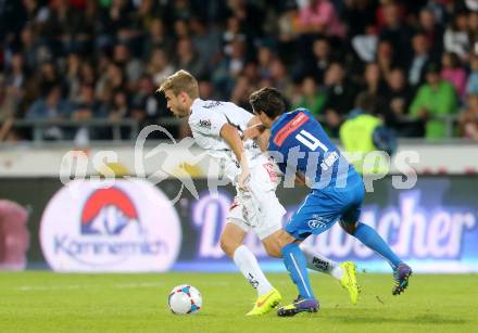 Fussball Bundesliga. RZ Pellets WAC gegen SC Wiener Neustadt. Manuel Weber,  (WAC), O Brien Connor Stephen (SC Wiener Neustadt). Wolfsberg, am 30.8.2014.
Foto: Kuess

---
pressefotos, pressefotografie, kuess, qs, qspictures, sport, bild, bilder, bilddatenbank