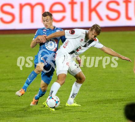 Fussball Bundesliga. RZ Pellets WAC gegen SC Wiener Neustadt. Boris Huettenbrenner, (WAC), Mario Ebenhofer  (SC Wiener Neustadt). Wolfsberg, am 30.8.2014.
Foto: Kuess

---
pressefotos, pressefotografie, kuess, qs, qspictures, sport, bild, bilder, bilddatenbank