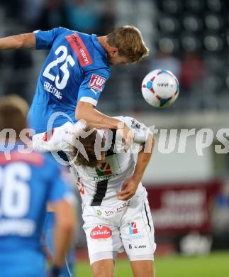 Fussball Bundesliga. RZ Pellets WAC gegen SC Wiener Neustadt. Boris Huettenbrenner,  (WAC), Christoph Freitag (SC Wiener Neustadt). Wolfsberg, am 30.8.2014.
Foto: Kuess

---
pressefotos, pressefotografie, kuess, qs, qspictures, sport, bild, bilder, bilddatenbank