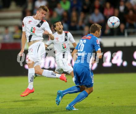 Fussball Bundesliga. RZ Pellets WAC gegen SC Wiener Neustadt. Tadej Trdina, (WAC), Mario Pollhammer (SC Wiener Neustadt). Wolfsberg, am 30.8.2014.
Foto: Kuess

---
pressefotos, pressefotografie, kuess, qs, qspictures, sport, bild, bilder, bilddatenbank