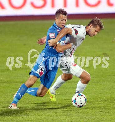 Fussball Bundesliga. RZ Pellets WAC gegen SC Wiener Neustadt. Boris Huettenbrenner, (WAC), Mario Ebenhofer  (SC Wiener Neustadt). Wolfsberg, am 30.8.2014.
Foto: Kuess

---
pressefotos, pressefotografie, kuess, qs, qspictures, sport, bild, bilder, bilddatenbank