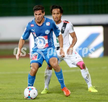 Fussball Bundesliga. RZ Pellets WAC gegen SC Wiener Neustadt. Stephan Palla,  (WAC), Osman Ali Abd Al Rahman (SC Wiener Neustadt). Wolfsberg, am 30.8.2014.
Foto: Kuess

---
pressefotos, pressefotografie, kuess, qs, qspictures, sport, bild, bilder, bilddatenbank