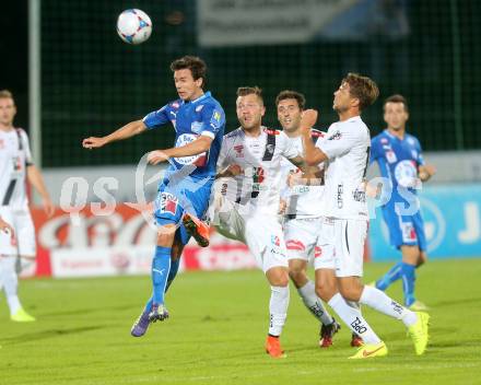 Fussball Bundesliga. RZ Pellets WAC gegen SC Wiener Neustadt. Peter Zulj, Boris Huettenbrenner,  (WAC), O Brien Conor Stephen (SC Wiener Neustadt). Wolfsberg, am 30.8.2014.
Foto: Kuess

---
pressefotos, pressefotografie, kuess, qs, qspictures, sport, bild, bilder, bilddatenbank