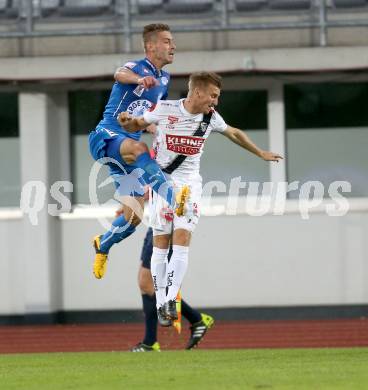 Fussball Bundesliga. RZ Pellets WAC gegen SC Wiener Neustadt. Manuel Kerhe,  (WAC), Remo Mally (SC Wiener Neustadt). Wolfsberg, am 30.8.2014.
Foto: Kuess

---
pressefotos, pressefotografie, kuess, qs, qspictures, sport, bild, bilder, bilddatenbank