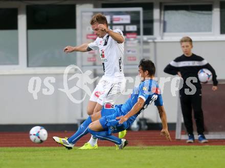 Fussball Bundesliga. RZ Pellets WAC gegen SC Wiener Neustadt. Michael Sollbauer,  (WAC), Kristijan Dobras (SC Wiener Neustadt). Wolfsberg, am 30.8.2014.
Foto: Kuess

---
pressefotos, pressefotografie, kuess, qs, qspictures, sport, bild, bilder, bilddatenbank