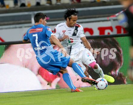 Fussball Bundesliga. RZ Pellets WAC gegen SC Wiener Neustadt. Stephan Palla, (WAC), Osman Ali Abd Al Rahman (SC Wiener Neustadt). Wolfsberg, am 30.8.2014.
Foto: Kuess

---
pressefotos, pressefotografie, kuess, qs, qspictures, sport, bild, bilder, bilddatenbank