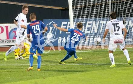 Fussball Bundesliga. RZ Pellets WAC gegen SC Wiener Neustadt. Alexander Kofler, Michael Sollbauer, Nemanja Rnic, (WAC), Christoph Freitag, Remo Mally  (SC Wiener Neustadt). Wolfsberg, am 30.8.2014.
Foto: Kuess

---
pressefotos, pressefotografie, kuess, qs, qspictures, sport, bild, bilder, bilddatenbank