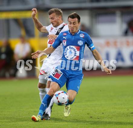 Fussball Bundesliga. RZ Pellets WAC gegen SC Wiener Neustadt. Manuel Kerhe,  (WAC), Herbert Rauter (SC Wiener Neustadt). Wolfsberg, am 30.8.2014.
Foto: Kuess

---
pressefotos, pressefotografie, kuess, qs, qspictures, sport, bild, bilder, bilddatenbank