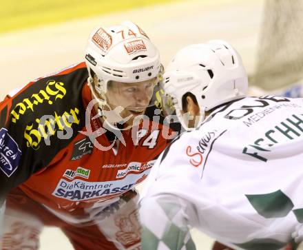 EBEL. Eishockey Bundesliga. KAC gegen Starbulls Rosenheim. Jamie Lundmark,  (KAC), Simon Fischhaber (Rosenheim). Klagenfurt, am 31.8.2014.
Foto: Kuess 

---
pressefotos, pressefotografie, kuess, qs, qspictures, sport, bild, bilder, bilddatenbank