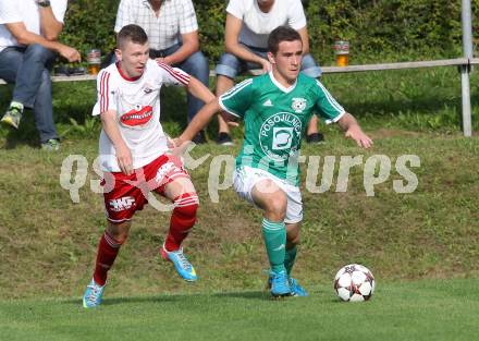 Fussball Unterliga Ost. Ludmannsdorf gegen Mittlern. Miralem Ramic,  (Ludmannsdorf), Philip Lackner (Mittlern). Ludmannsdorf, am 31.8.2014. 
Foto: Kuess
---
pressefotos, pressefotografie, kuess, qs, qspictures, sport, bild, bilder, bilddatenbank