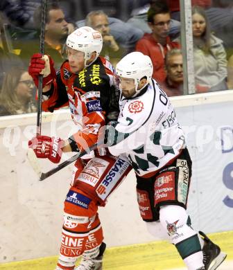 EBEL. Eishockey Bundesliga. KAC gegen Starbulls Rosenheim.  Mike Siklenka, (KAC), Simon Fischhaber (Rosenheim). Klagenfurt, am 31.8.2014.
Foto: Kuess 

---
pressefotos, pressefotografie, kuess, qs, qspictures, sport, bild, bilder, bilddatenbank